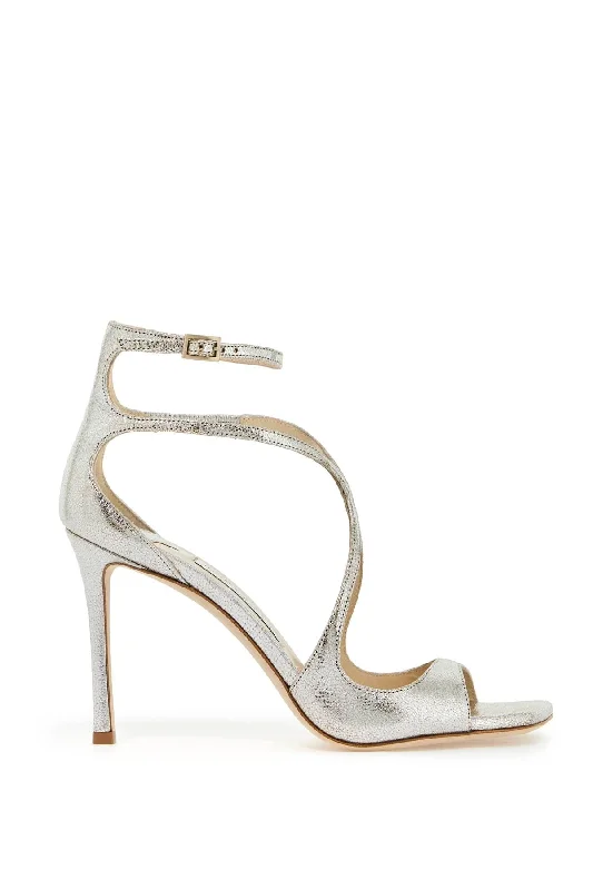 Women’s sandals silver sleek strap -JIMMY CHOO Champagne-Coloured Strappy Sandals for Women - Squared Open Toe, Slim Heel, Adjustable Ankle Strap