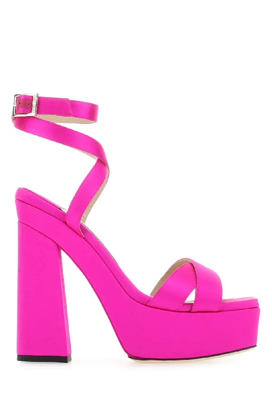 Women’s sandals white wedge chic -JIMMY CHOO Fuchsia Satin Gaia Mini Sandals - 15.5 cm Heel