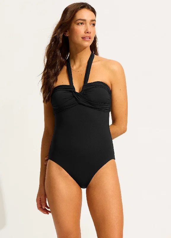 ladies one-piece swimsuit lime green -Seafolly Collective Halter Bandeau One Piece - Black