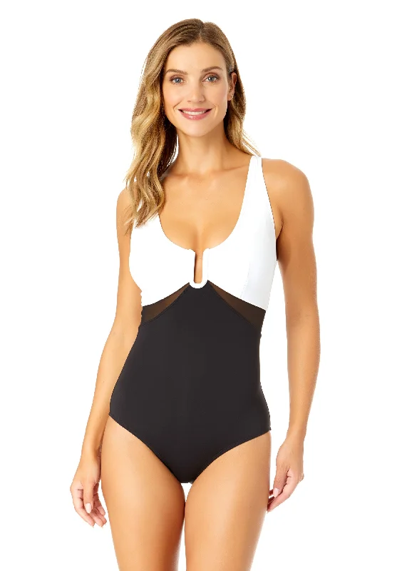 ladies one-piece swimsuit no wrinkles -Women's Mesh Around U Ring Mesh Insert One Piece Swimsuit