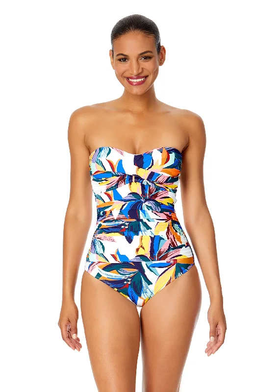 ladies one-piece swimsuit dropped waist -Women's Riviera Floral Twist Front Shirred One Piece Swimsuit