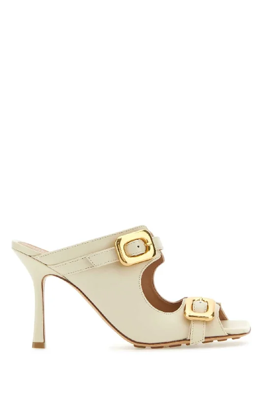 Women’s sandals festive flair -BOTTEGA VENETA Ivory Leather Stretch Buckle Flat Sandals with 3.5 Inch Heel