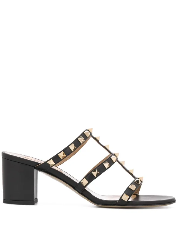 Women’s sandals olive earthy tone -VALENTINO GARAVANI Rockstud Leather Sandals with Mid Block Heel