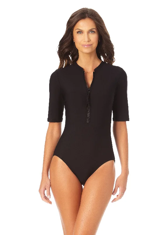 ladies one-piece swimsuit strong hold -Women's Live In Color Half Zip Front Rash Guard One Piece Swimsuit