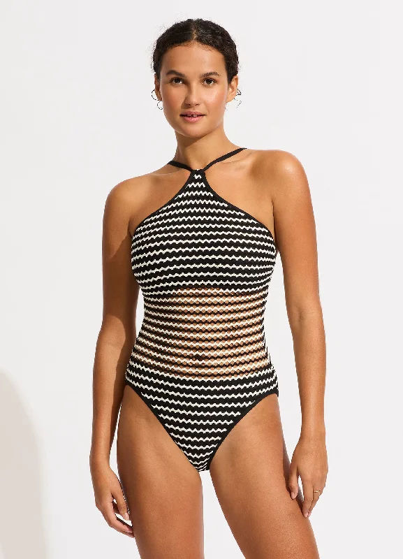 ladies one-piece swimsuit woven overlay -Mesh Effect DD High Neck One Piece - Black