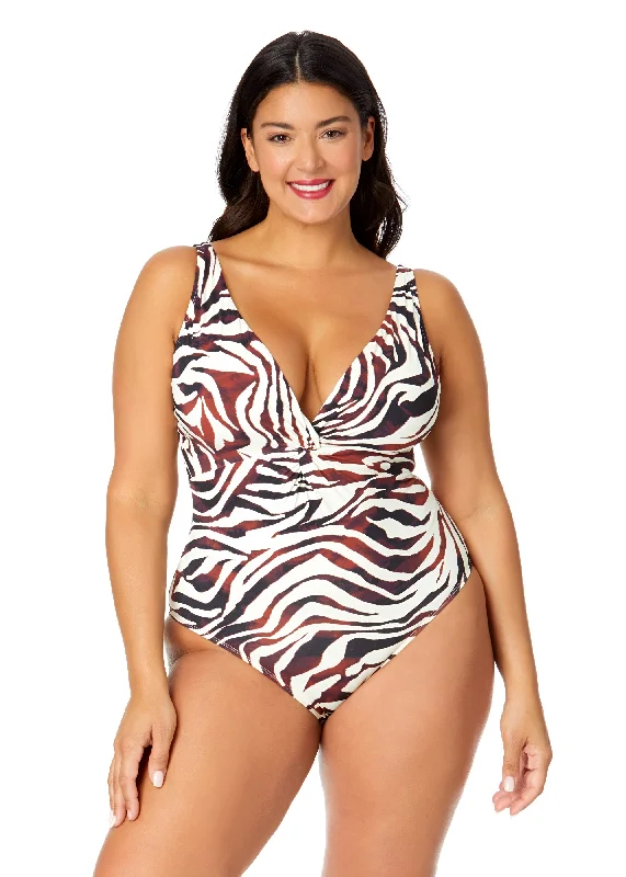 ladies one-piece swimsuit multi layer -Women's Plus Tiger Dance Plunge Twist One Piece Swimsuit