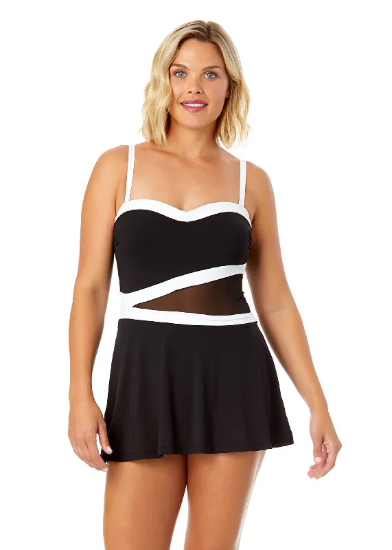 ladies one-piece swimsuit bloom touch -Women's Mesh Around Paneled Strapless Mesh Swim Dress