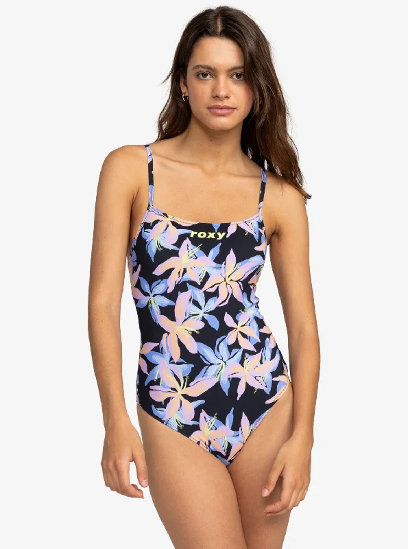 ladies one-piece swimsuit bamboo blend -Roxy Active Basic One-Piece Swimsuit - Anthracite Kiss