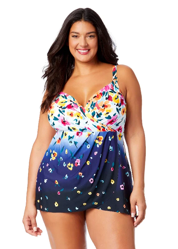 ladies one-piece swimsuit moon cutout -Women's Plus Gradient Floral Swim Dress With Skirted Bottom