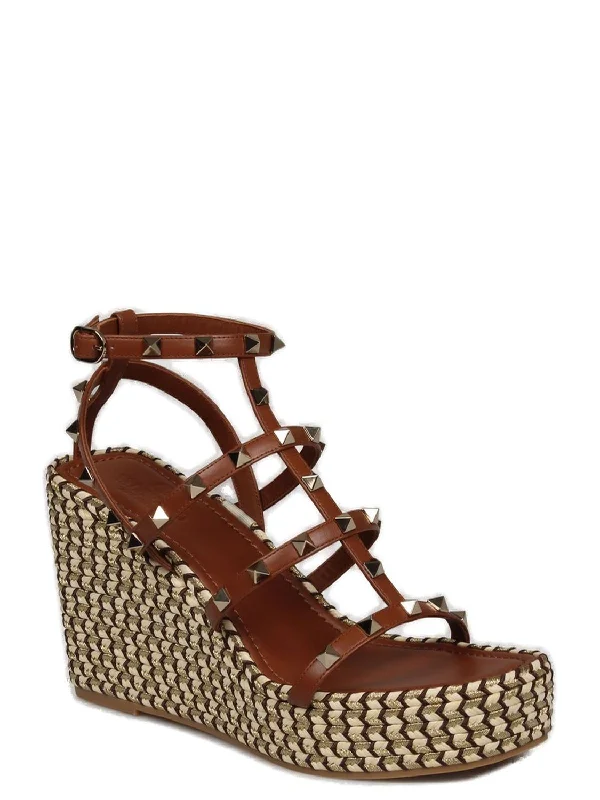 Women’s sandals tall stride -VALENTINO Women's SELLERIA Rockstud Wedge Espadrilles with Calfskin Leather Platform