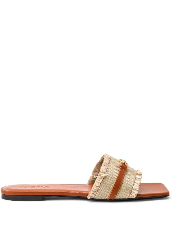 Women’s sandals poolside pair -VERSACE Chic Tan Viscose Blend Flat Sandals