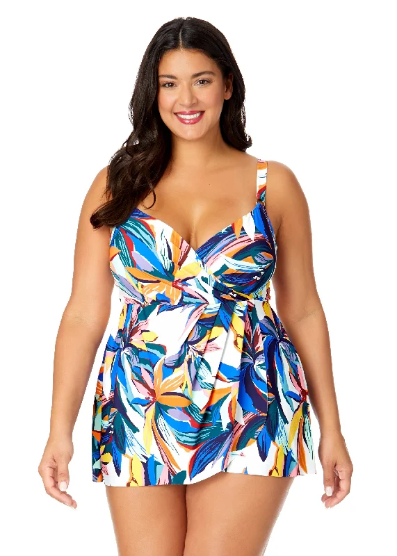 ladies one-piece swimsuit golden yellow -Women's Plus Riviera Floral Swim Dress With Skirted Bottom