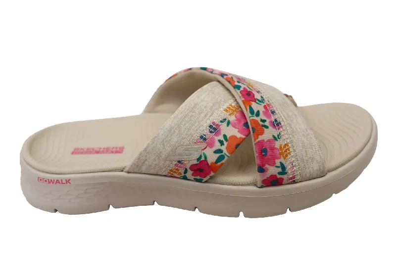 Women’s sandals T-strap modern -Skechers Womens GOWalk Flex Blossoms Comfortable Slides Sandals