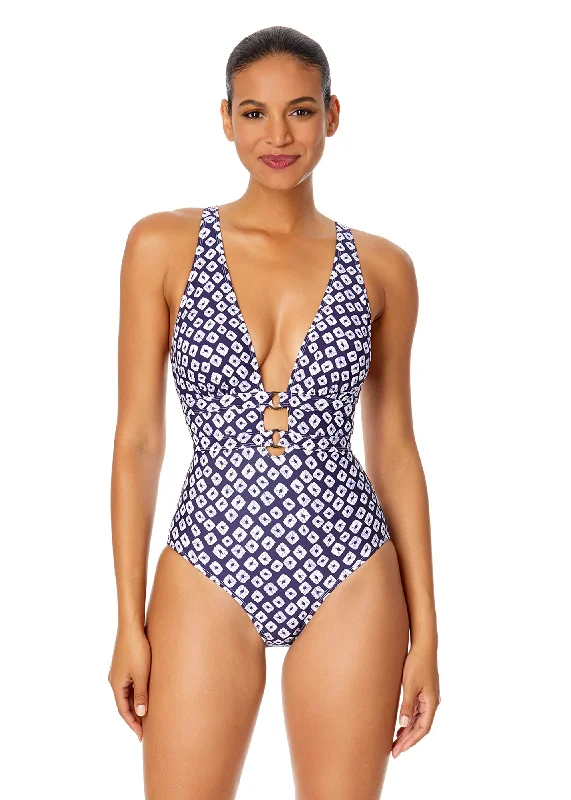 ladies one-piece swimsuit standout fit -Women's Shibori Geo Double Ring Plunge Front One Piece Swimsuit