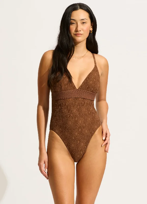 ladies one-piece swimsuit pack light -Marloe V Neck One Piece - Tiramisu