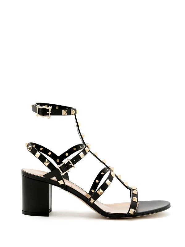 Women’s sandals ventilated flow -VALENTINO GARAVANI Medium Block Heel Rockstud Leather Sandals