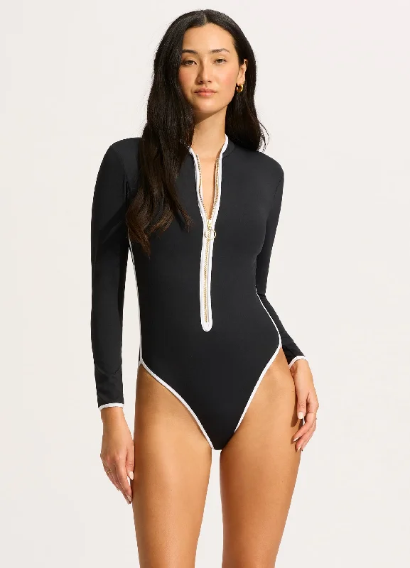 ladies one-piece swimsuit fine quality -Seafolly Collective LongSleeve Zip Front One Piece - Black