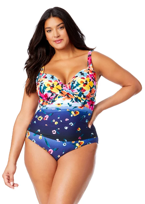 ladies one-piece swimsuit bare lining -Women's Plus Gradient Floral Underwire Surplice One Piece Swimsuit