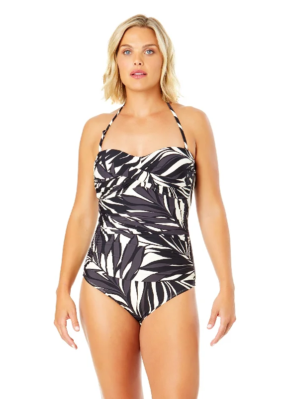 ladies one-piece swimsuit kin beach -Women's Palm Chic Twist Front Shirred One Piece Swimsuit